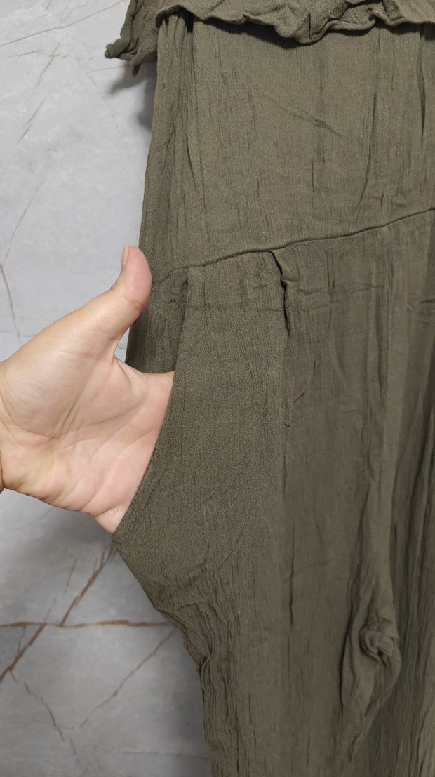 Kadın Haki Keten Uzun Salaş Tulum - Görsel 2