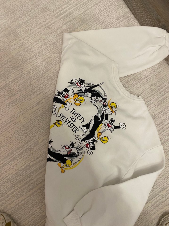 Beyaz Oversize Kısa Kollu Sweatshirt - Görsel 3