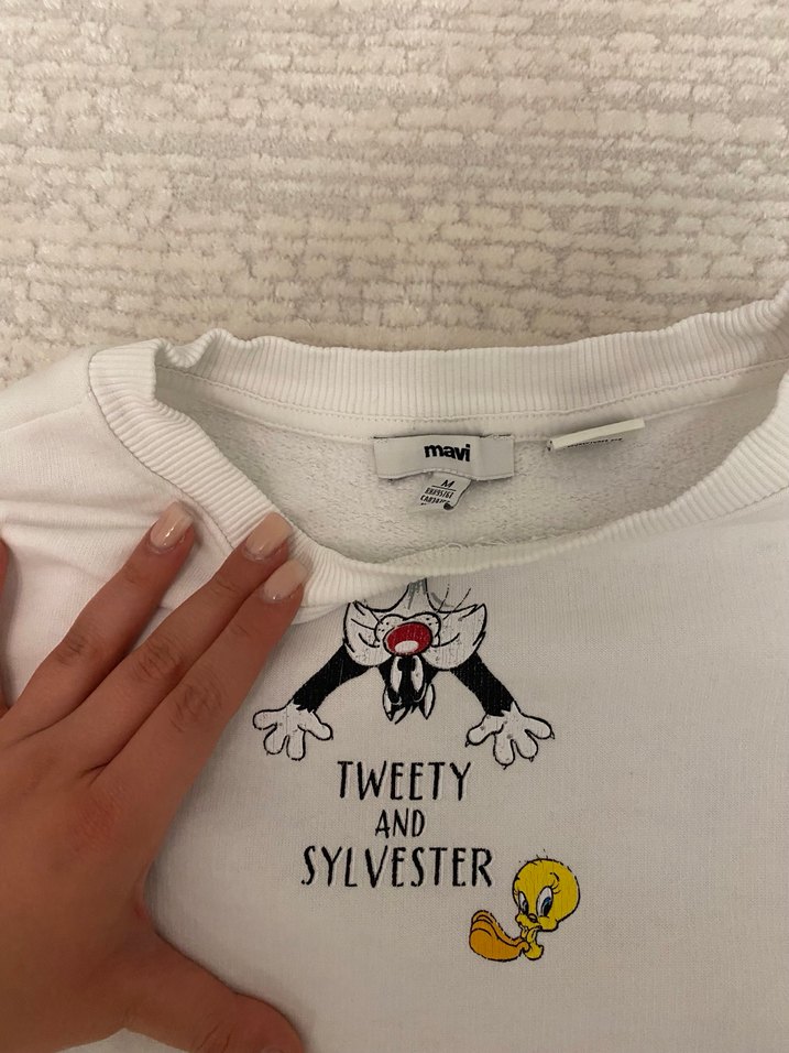 Beyaz Oversize Kısa Kollu Sweatshirt - Görsel 2