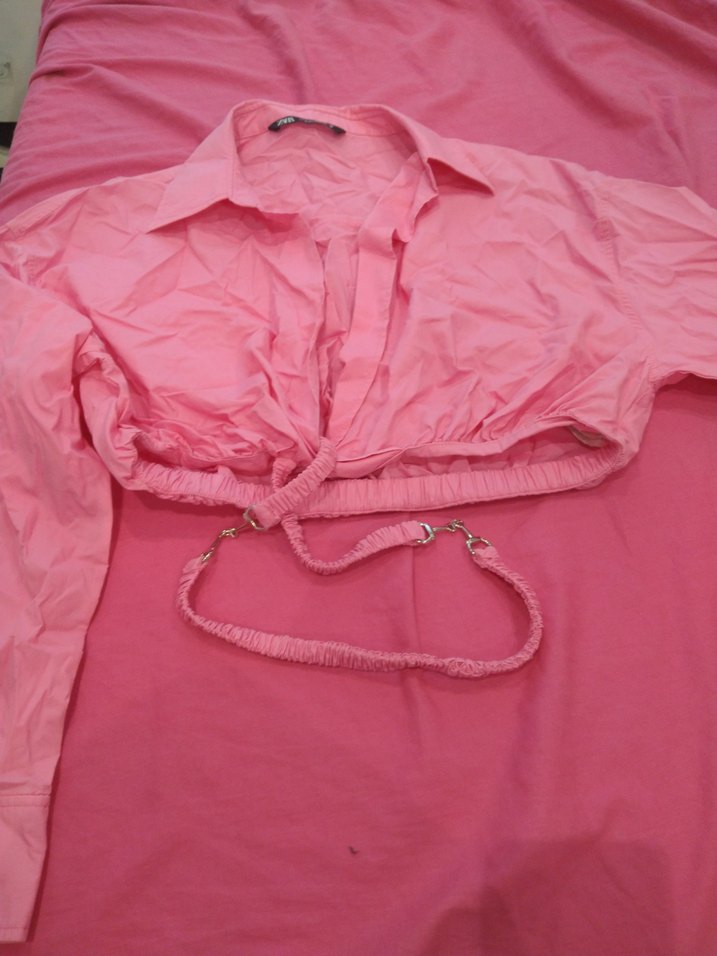 Pembe Kısa Kollu Düğmeli Kadın Gömlek - Görsel 2