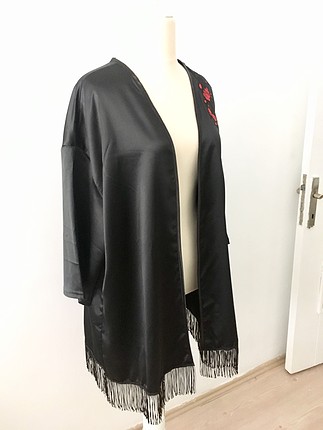 Tasarımcı Büyük beden siyah saten kimono, 44/50 bedenler arası