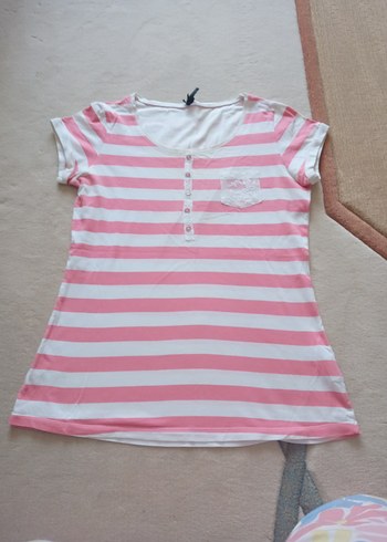 Kız Çocuk Pembe Çizgili V Yakalı Tişört - Görsel 6