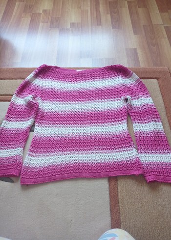 Pembe Çizgili Uzun Kollu Triko Kazak