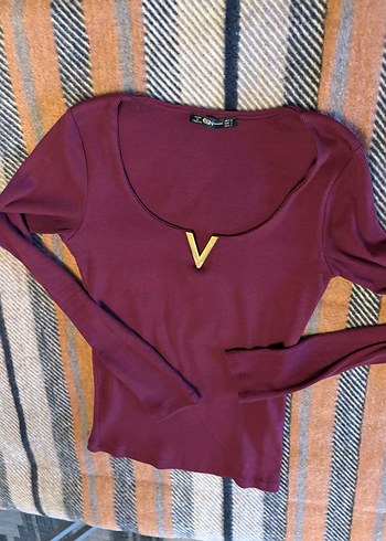 Bordo V Yaka Kadın Uzun Kollu Bluz - Görsel 7