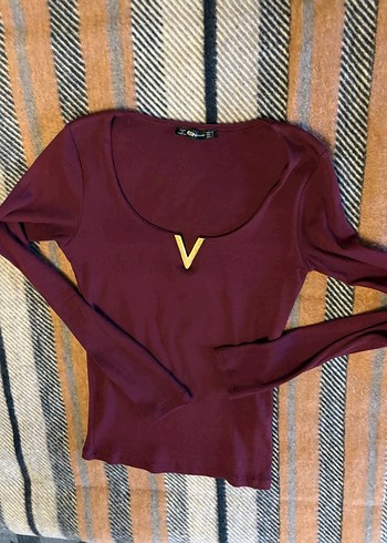 Bordo V Yaka Kadın Uzun Kollu Bluz - Görsel 2