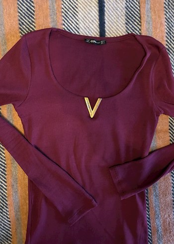 Bordo V Yaka Kadın Uzun Kollu Bluz - Görsel 5