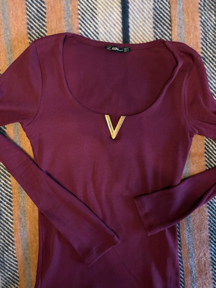 Bordo V Yaka Kadın Uzun Kollu Bluz - Görsel 5