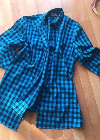 Düğmeli mavi Kareli Kadın Gömlek - Görsel 4