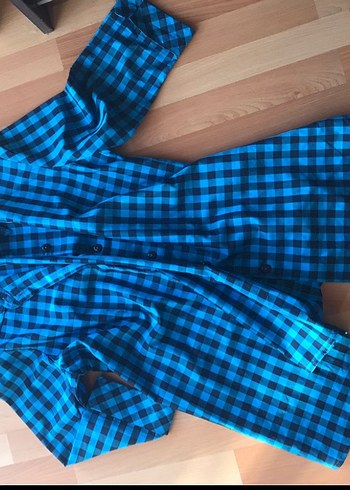 Düğmeli mavi Kareli Kadın Gömlek - Görsel 5