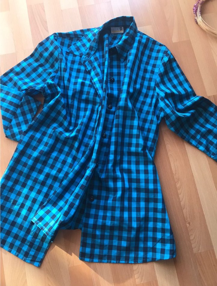 Düğmeli mavi Kareli Kadın Gömlek - Görsel 4