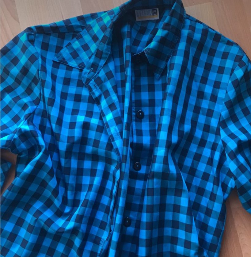 Düğmeli mavi Kareli Kadın Gömlek - Görsel 3