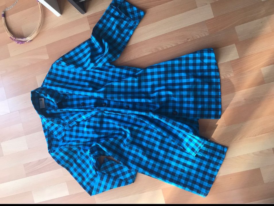 Düğmeli mavi Kareli Kadın Gömlek - Görsel 5