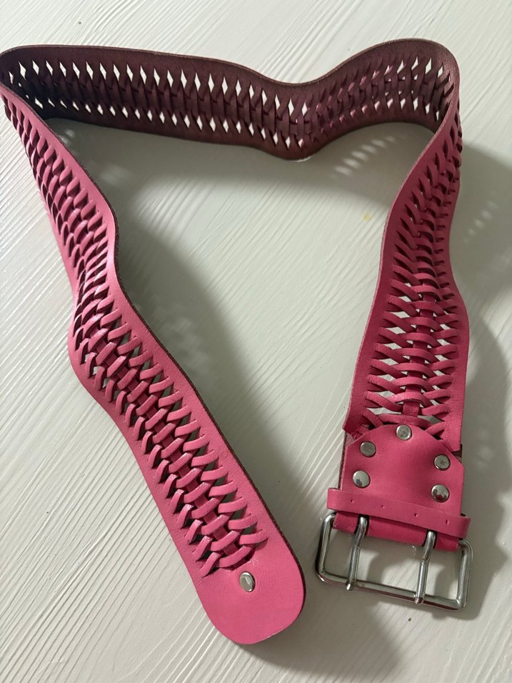 Pembe hakiki Deri Örgülü Tokalı Kadın Kemer - Görsel 4