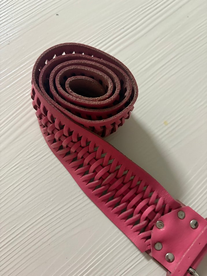 Pembe hakiki Deri Örgülü Tokalı Kadın Kemer - Görsel 3