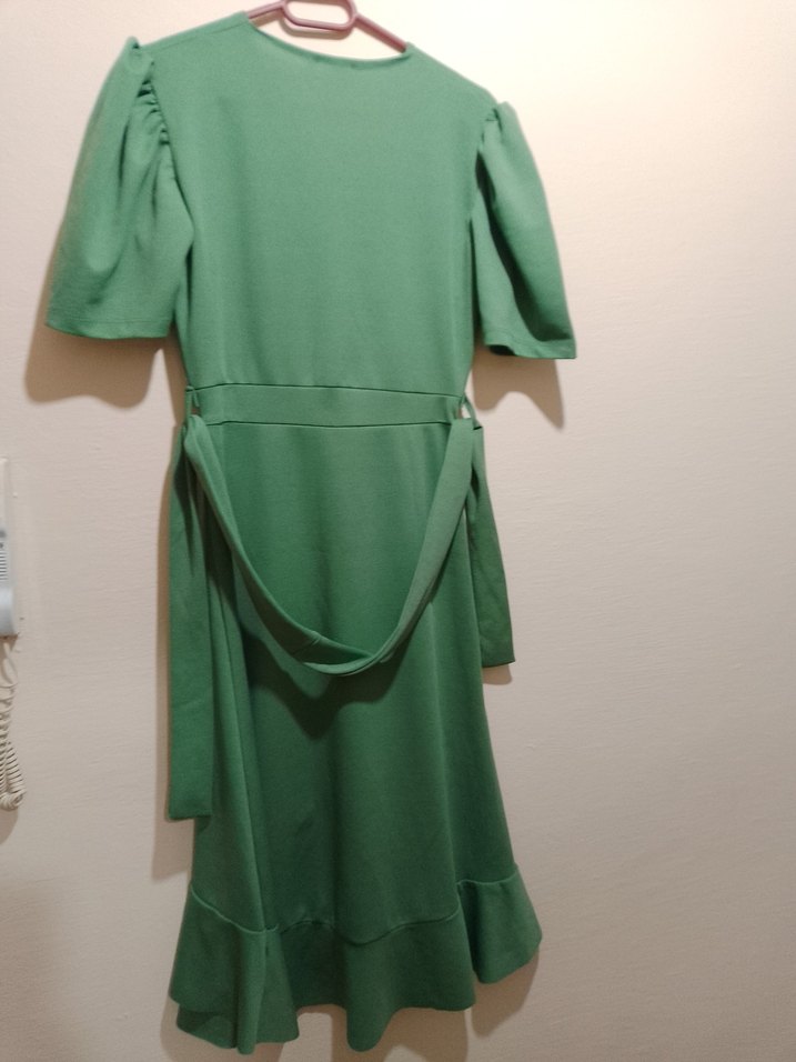 Yeşil Renkli Uzun Fırfırlı Kadın Elbise - Görsel 3