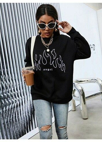 Unisex Beyaz Angel Baskılı Oversize Sweatshirt 