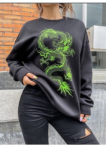 Unisex Dragon Baskılı Oversize Sweatshirt 