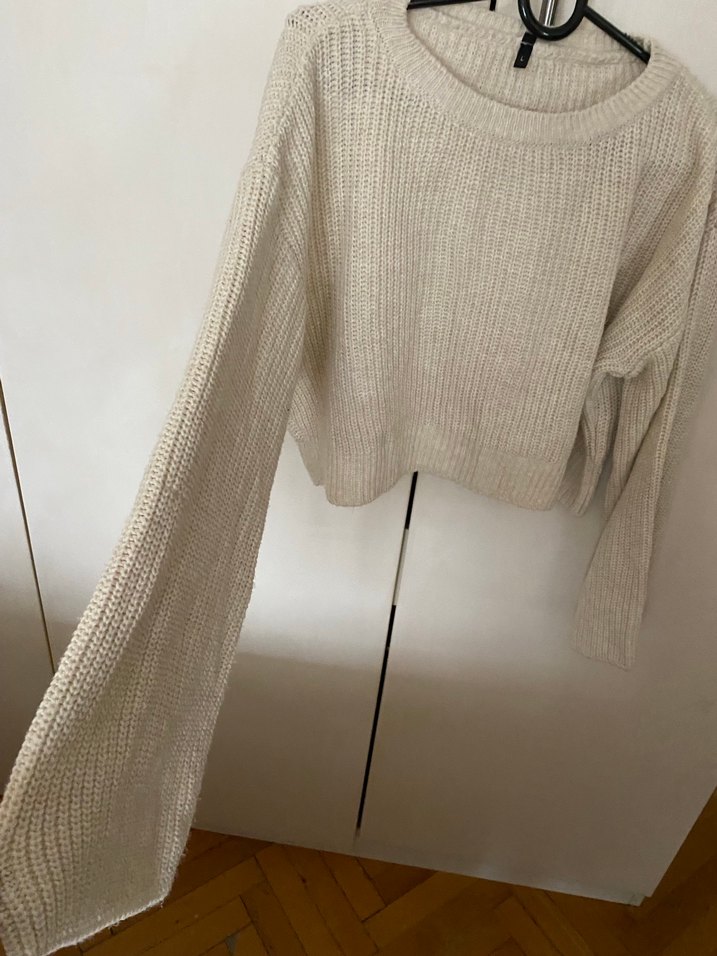 Bej Kadın Triko Kazak, Bisiklet Yaka, Salaş - Görsel 2