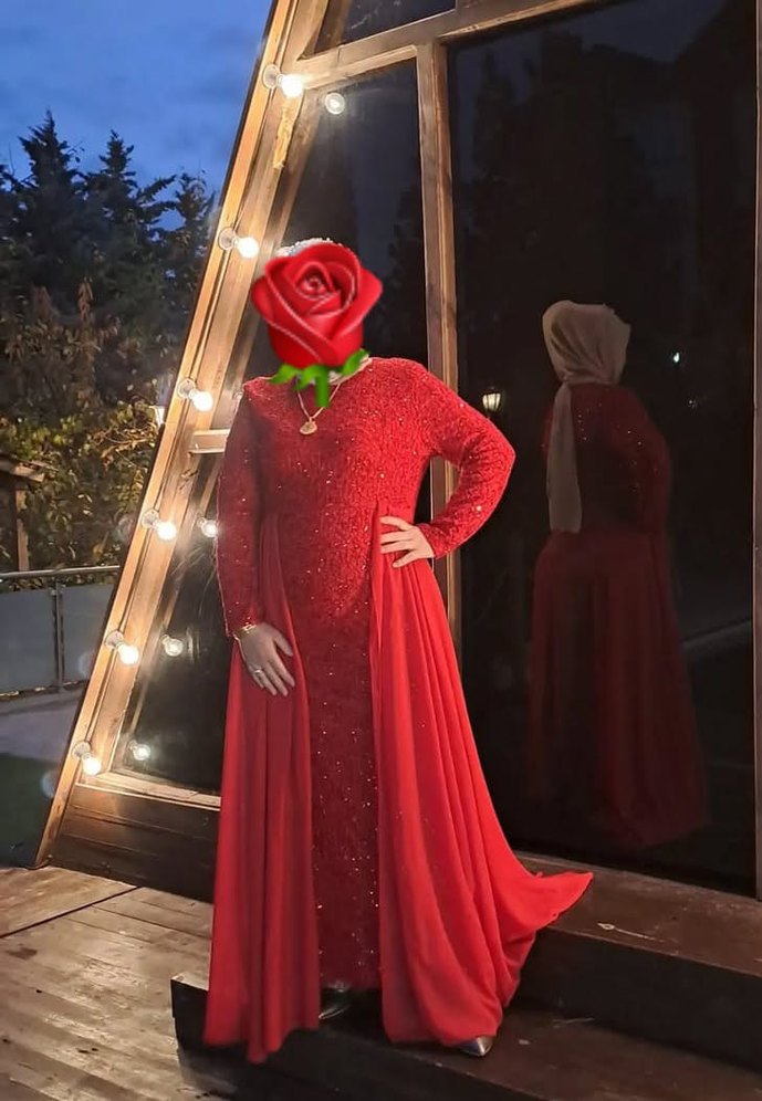 Uzun Kollu Kırmızı Kadın Henna Elbise 48.50 beden uyumludur - Görsel 2