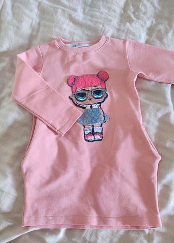 Kız Çocuk Pembe Uzun Kollu Baskılı  elbise - Görsel 2