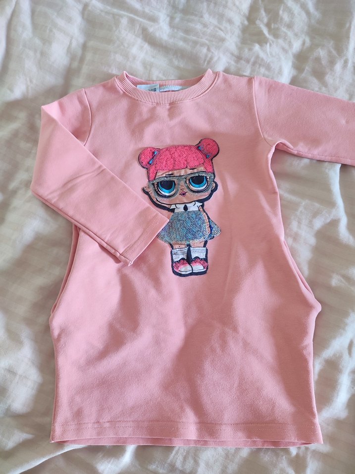 Kız Çocuk Pembe Uzun Kollu Baskılı  elbise - Görsel 2