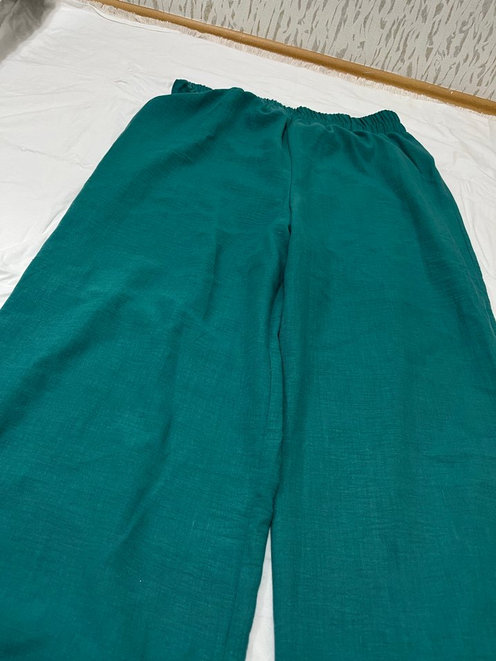 Kadın Yeşil Keten Rahat Kesim Pantolon - Görsel 2
