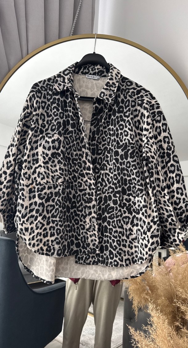 Gri Leopar Desenli Kadın Mini Gömlek - Görsel 2