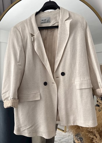 Bej Düğmeli Kadın Keten Blazer Ceket - Görsel 2