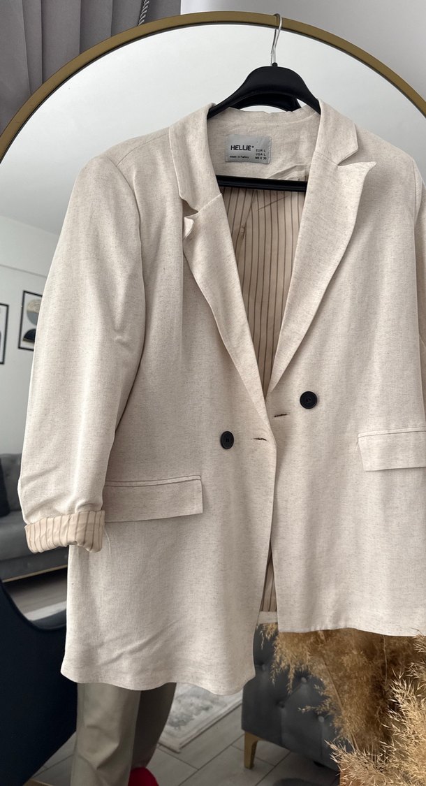 Bej Düğmeli Kadın Keten Blazer Ceket - Görsel 3