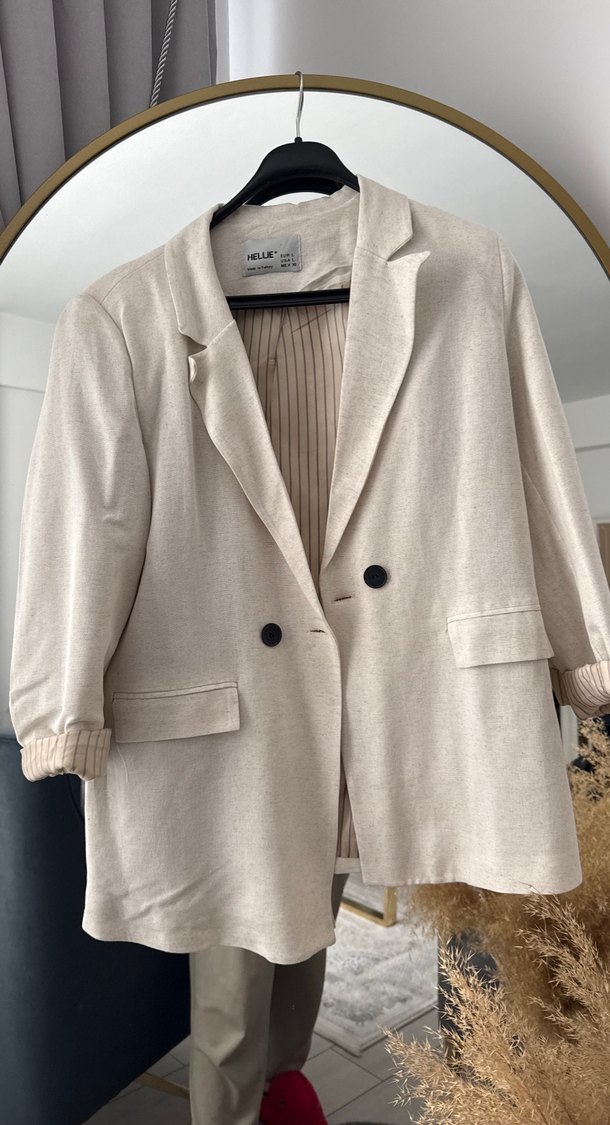 Bej Düğmeli Kadın Keten Blazer Ceket - Görsel 2