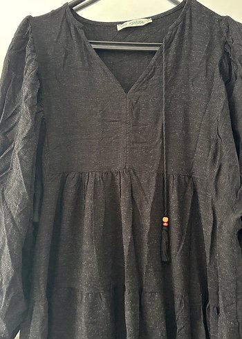 Uzun Siyah Keten Bohem Elbise - Görsel 3