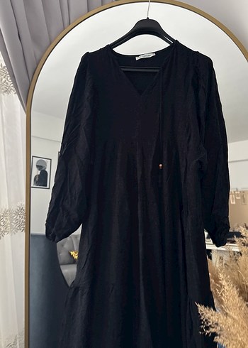 Uzun Siyah Keten Bohem Elbise - Görsel 2