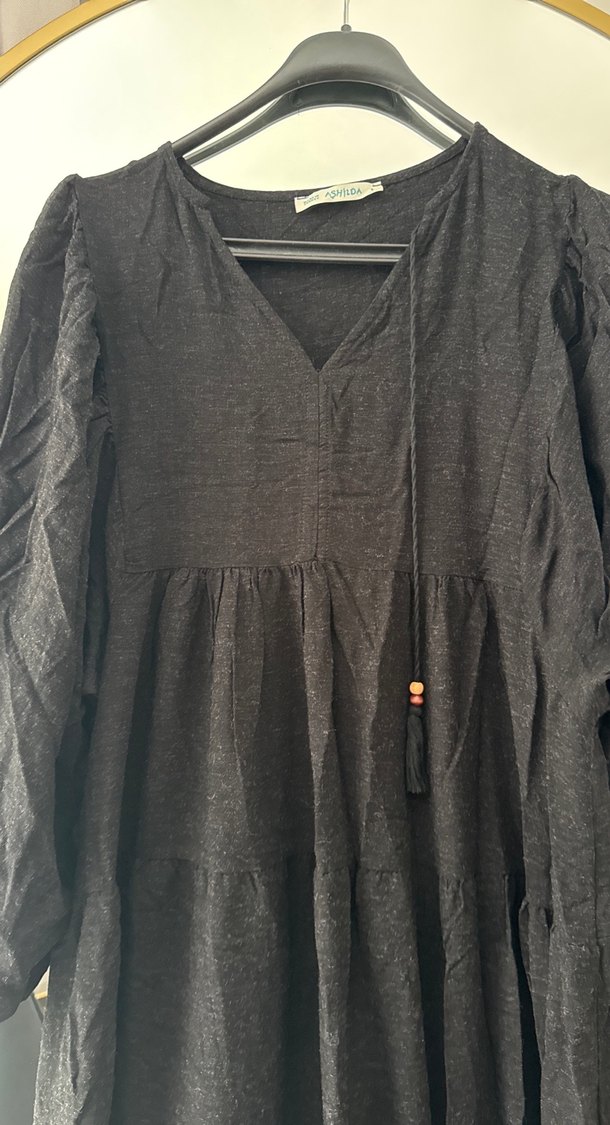 Uzun Siyah Keten Bohem Elbise - Görsel 3