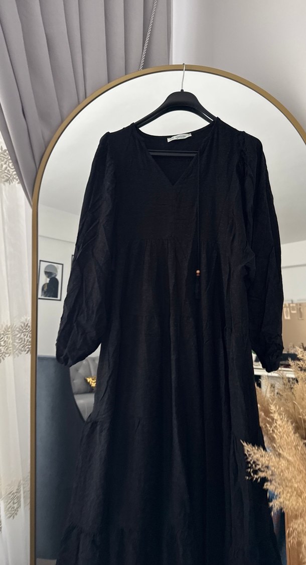 Uzun Siyah Keten Bohem Elbise - Görsel 2