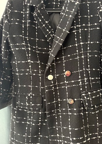 Düğmeli Siyah Kareli Kadın Blazer - Görsel 3