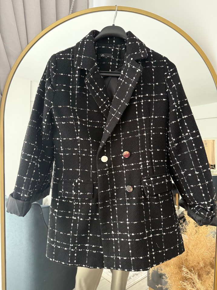 Düğmeli Siyah Kareli Kadın Blazer - Görsel 2