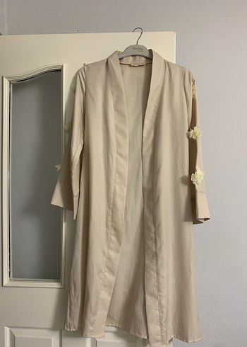 Bej Nakışlı Uzun Bohem Kadın pamuk keten kimono - Görsel 3