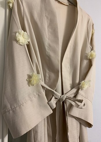 Bej Nakışlı Uzun Bohem Kadın pamuk keten kimono - Görsel 2