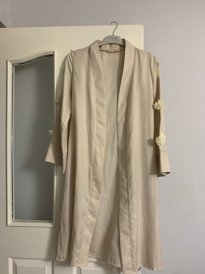 Bej Nakışlı Uzun Bohem Kadın pamuk keten kimono - Görsel 3