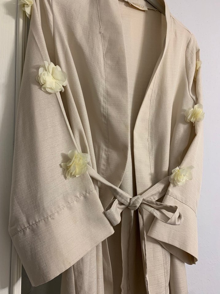 Bej Nakışlı Uzun Bohem Kadın pamuk keten kimono - Görsel 2