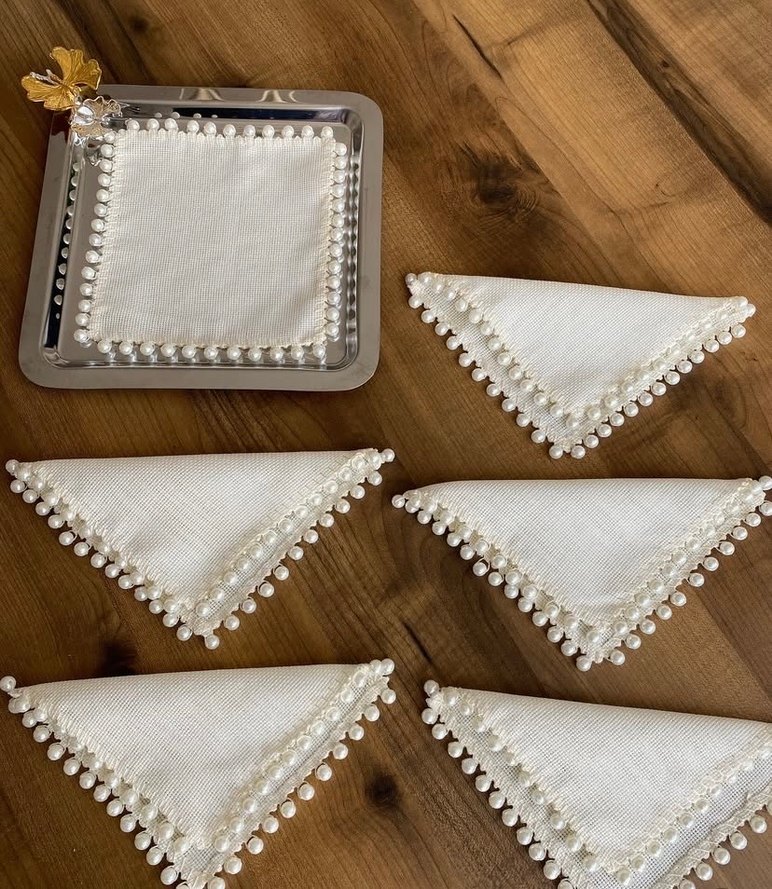 6 Adet İnci Detaylı Bohem Tarzı Peçete Seti - Görsel 2
