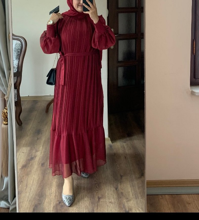 Bordo Piliseli Uzun Kollu Uzun Elbise - Görsel 2