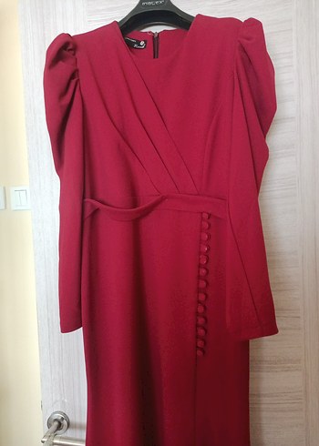 Bordo Uzun Drapeli Kadın Elbise - Görsel 5