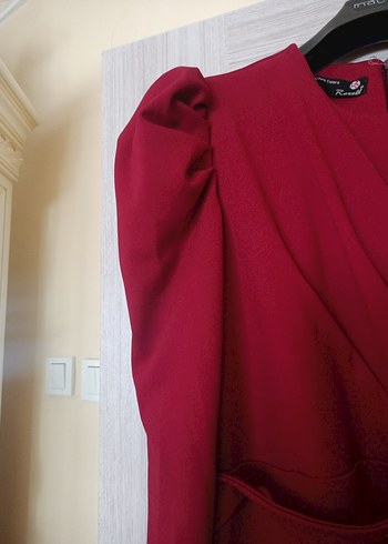 Bordo Uzun Drapeli Kadın Elbise - Görsel 6