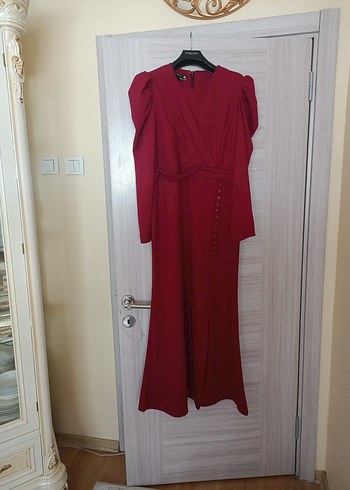 Bordo Uzun Drapeli Kadın Elbise - Görsel 4