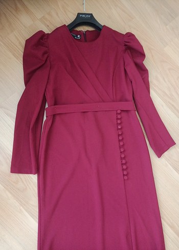 Bordo Uzun Drapeli Kadın Elbise - Görsel 2