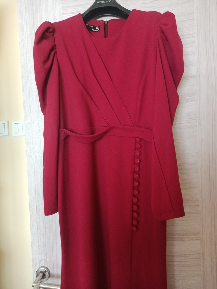 Bordo Uzun Drapeli Kadın Elbise - Görsel 5