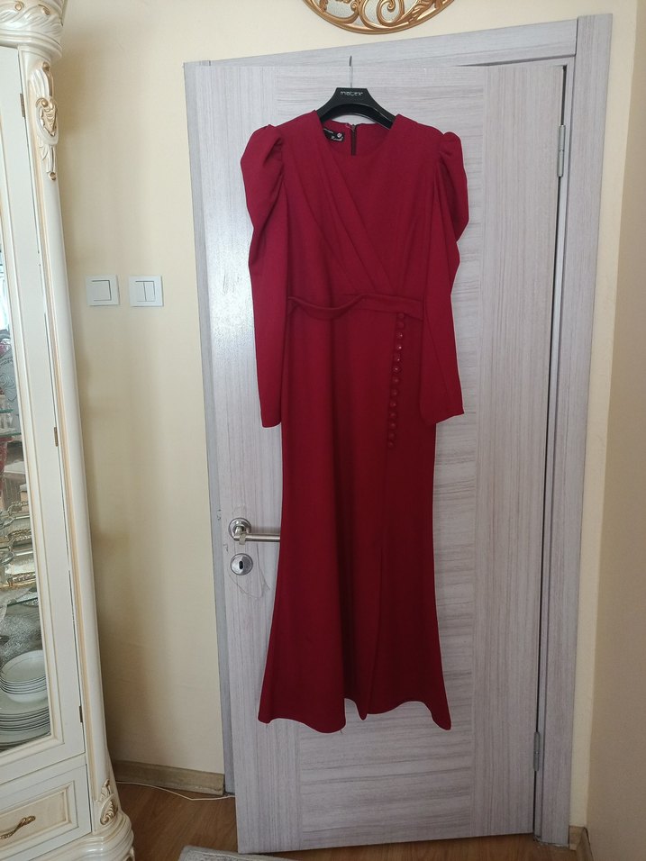 Bordo Uzun Drapeli Kadın Elbise - Görsel 4