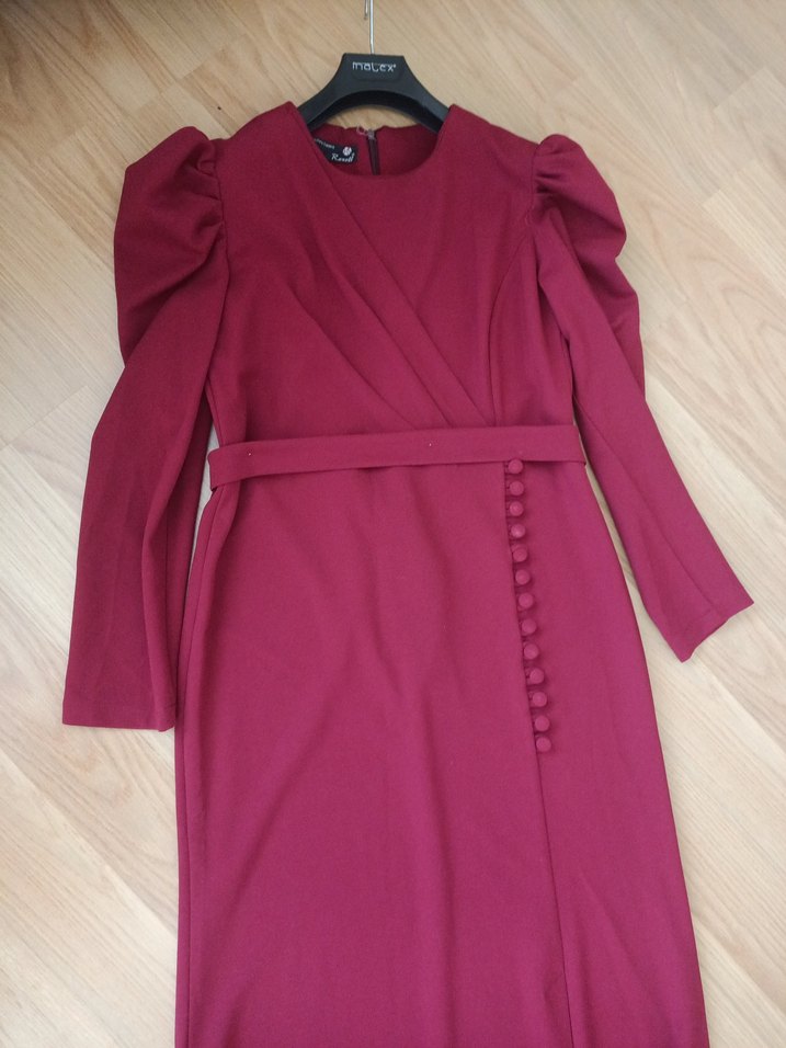 Bordo Uzun Drapeli Kadın Elbise - Görsel 2