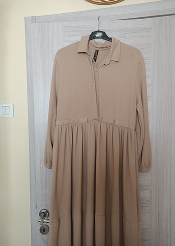Bej Uzun Kollu Pliseli Elbise - Görsel 2